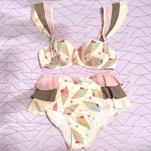 ModCloth Ice Cream Print High Waisted Ruffle Bikini